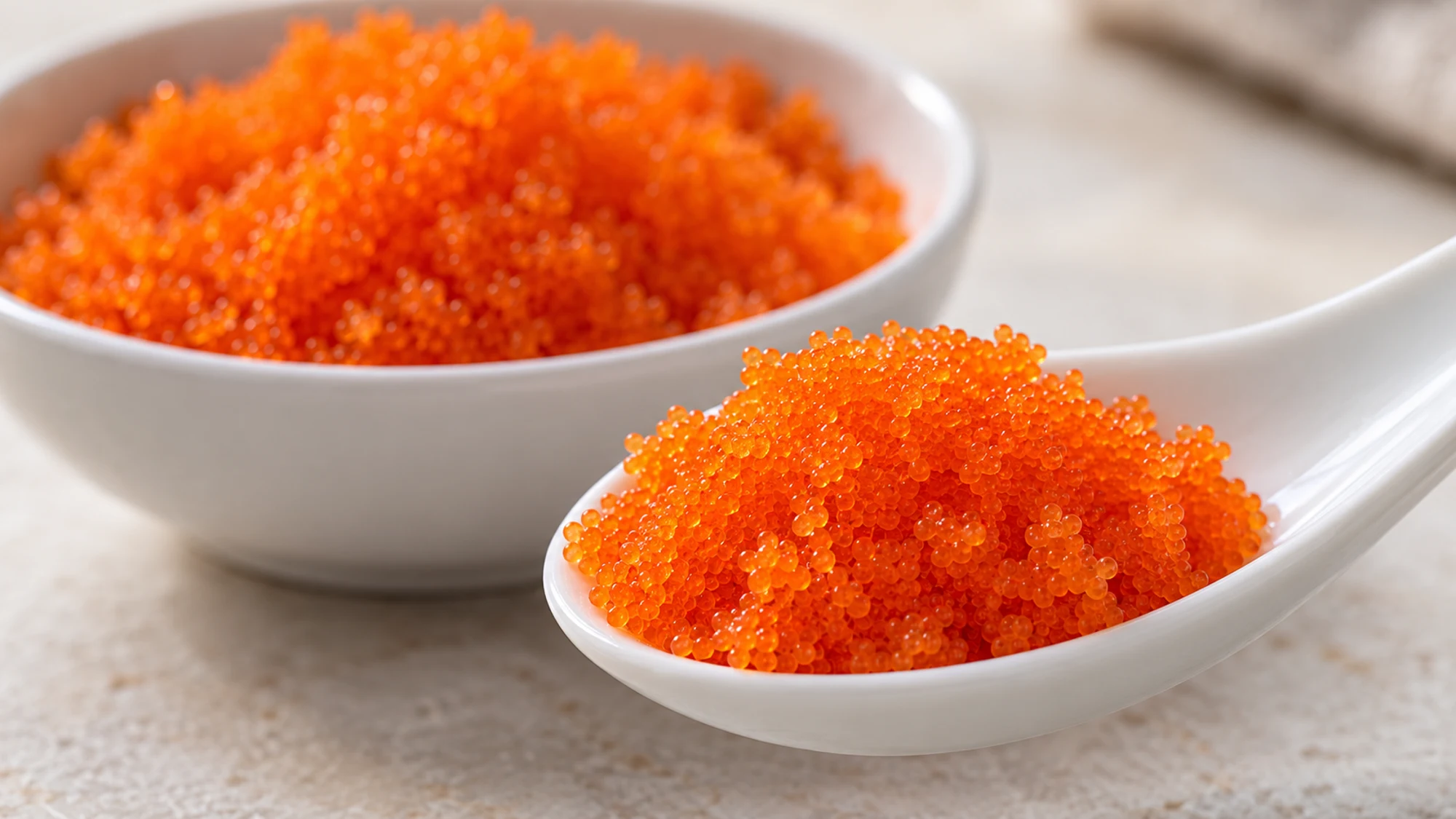 Fine orange masago grains on a white ceramic spoon
