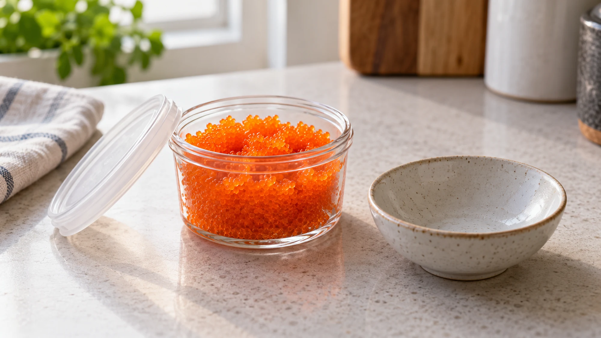 Masago in a small food storage container beside a serving bowl