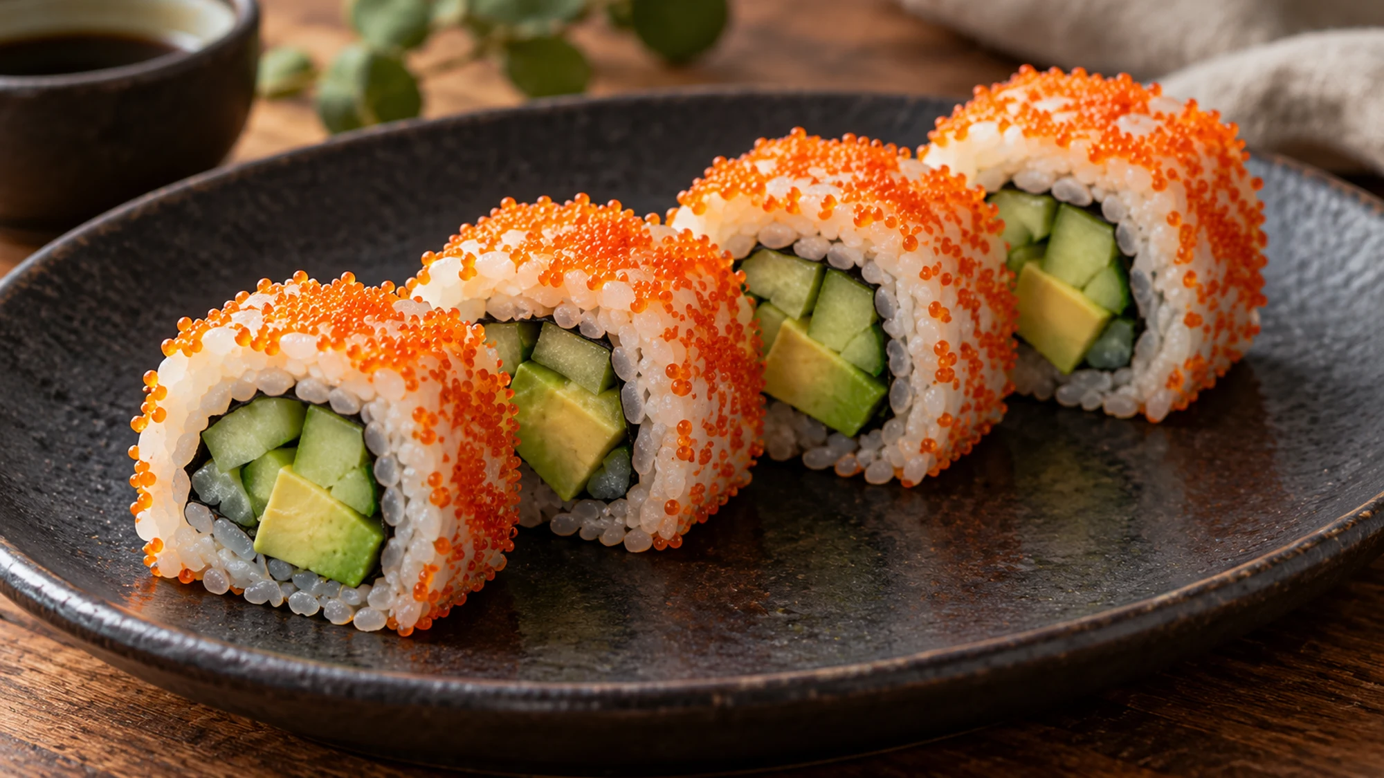Masago coating cucumber and avocado sushi rolls