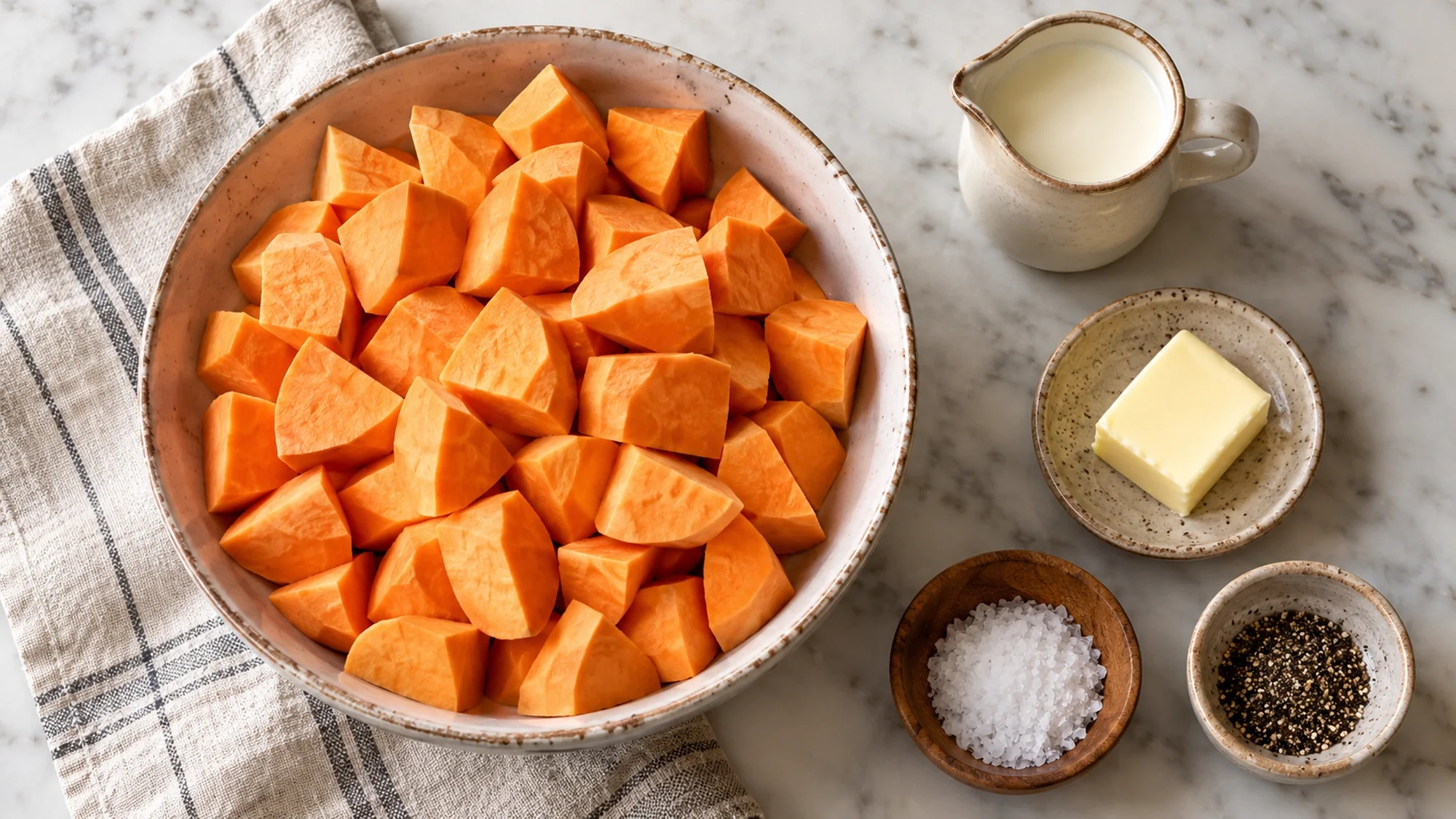 Sweet potato chunks, butter and milk for mashed sweet potatoes