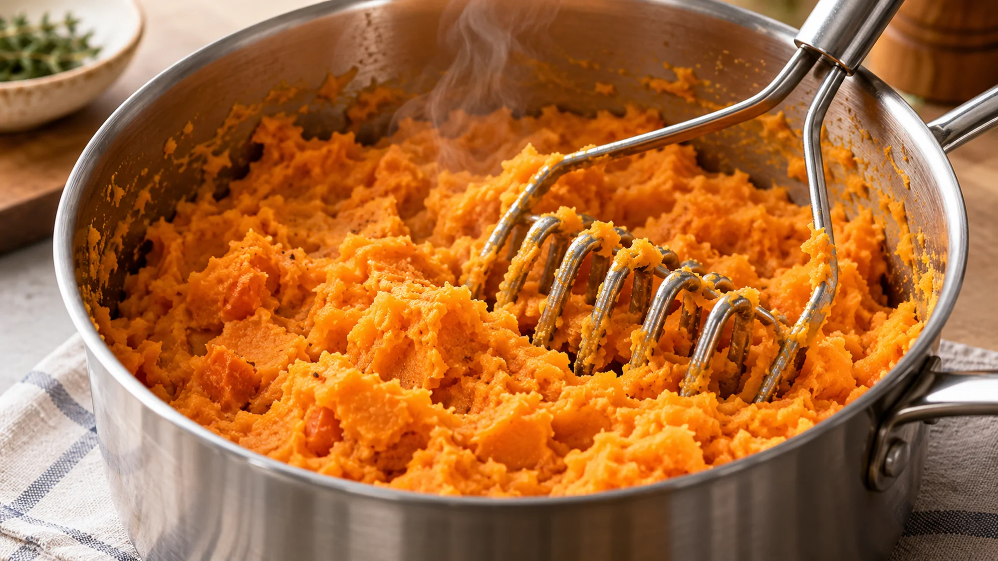 Hand masher in a saucepan of orange mashed sweet potatoes