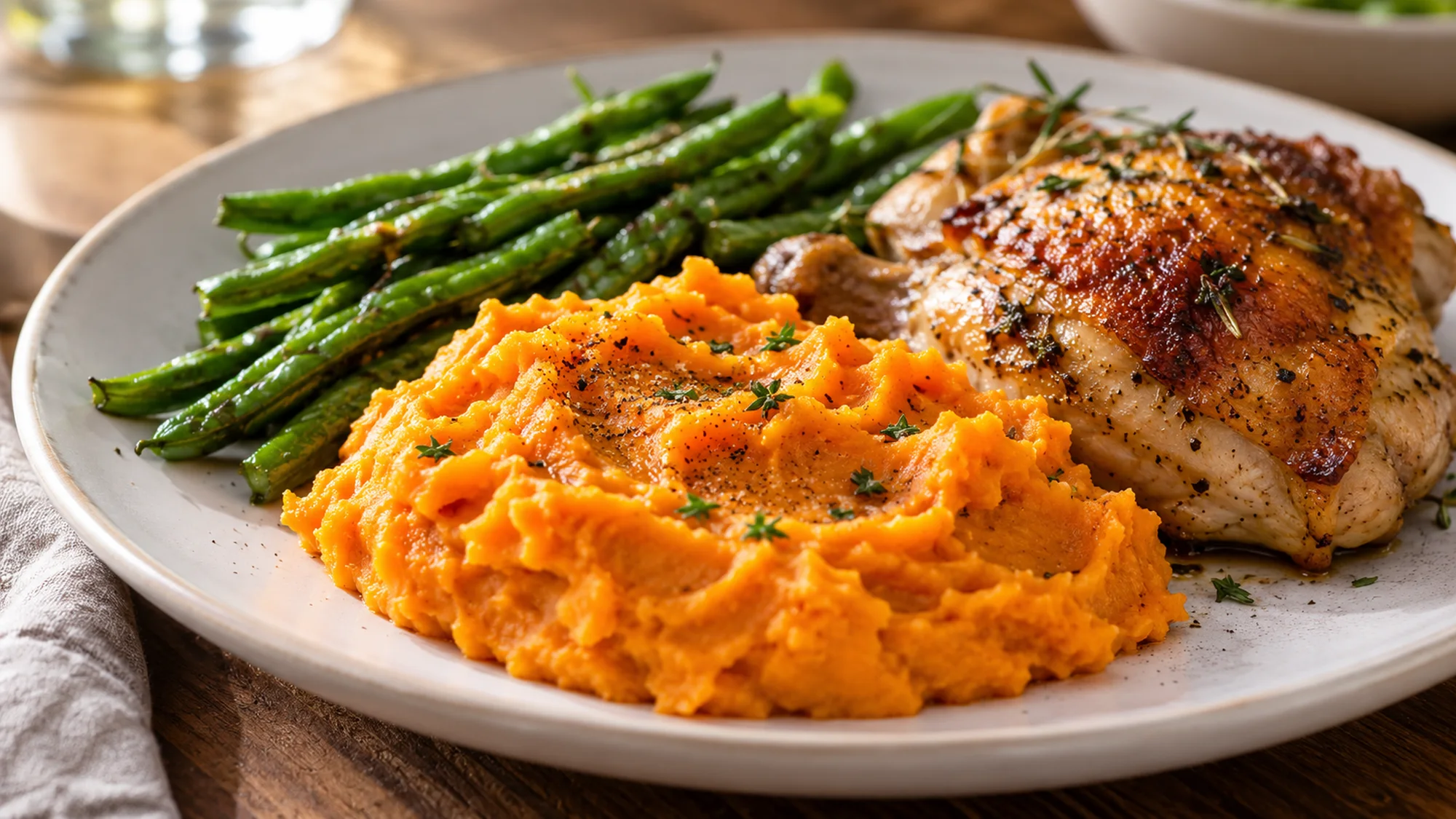 Mashed sweet potatoes served with roast chicken and asparagus