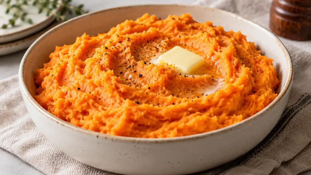 Mashed sweet potatoes with butter and black pepper in a ceramic bowl