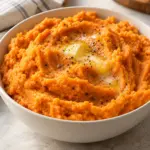 Close view of buttery mashed sweet potatoes