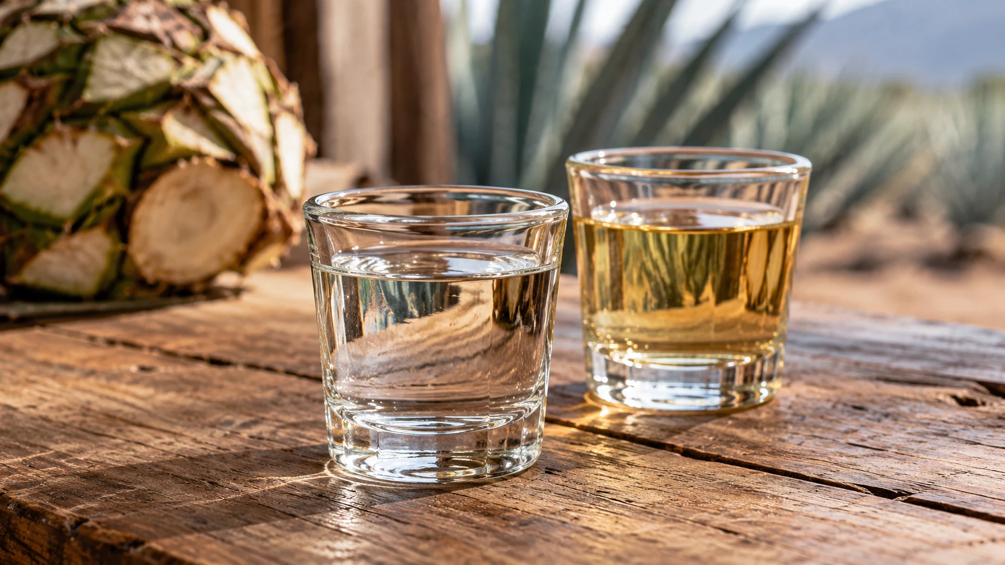 Clear and amber agave spirits in small glasses