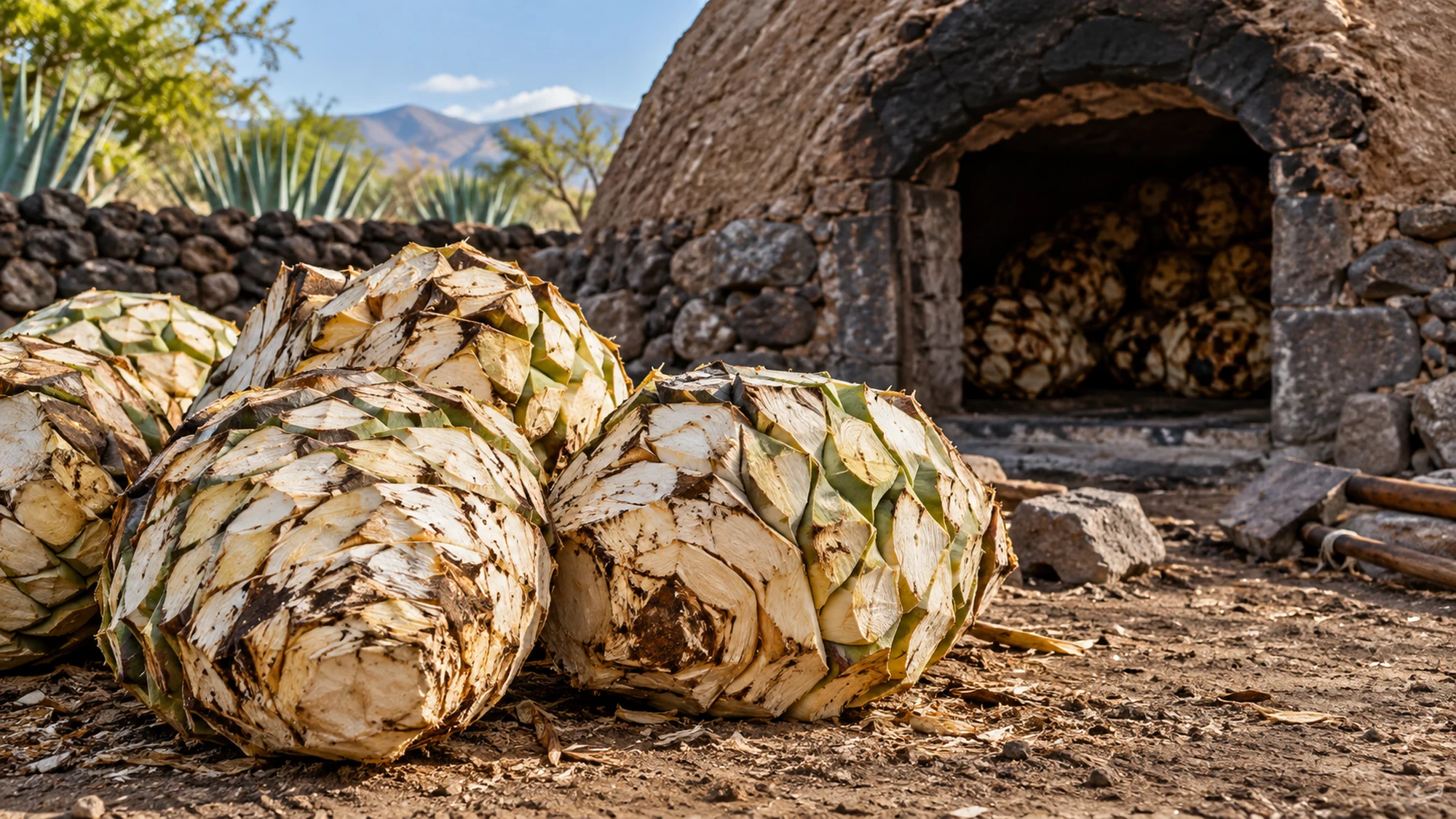 Trimmed agave hearts beside a stone oven