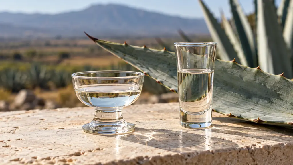Mezcal vs tequila comparison with two small glasses of clear agave spirits