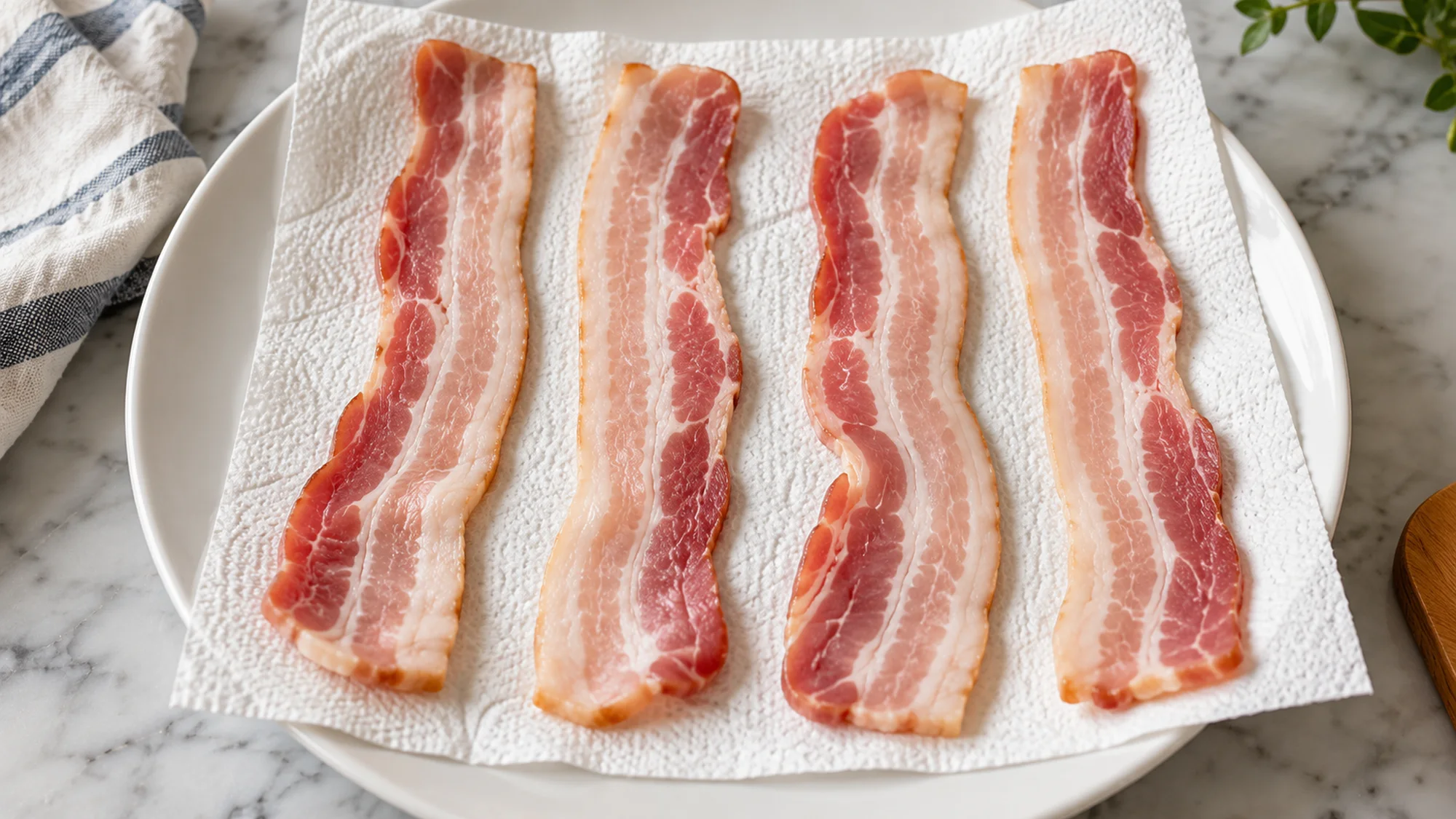 Four raw bacon strips spaced apart on paper towels before microwaving