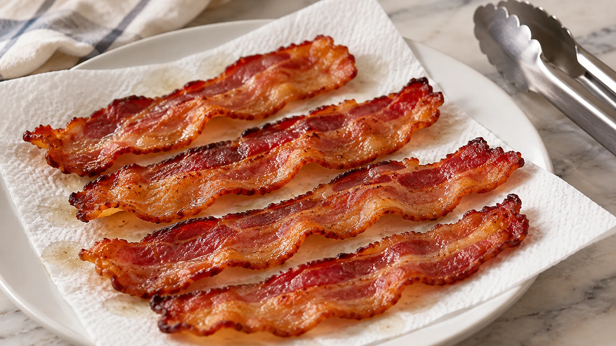 Cooked microwave bacon resting on paper towels beside tongs