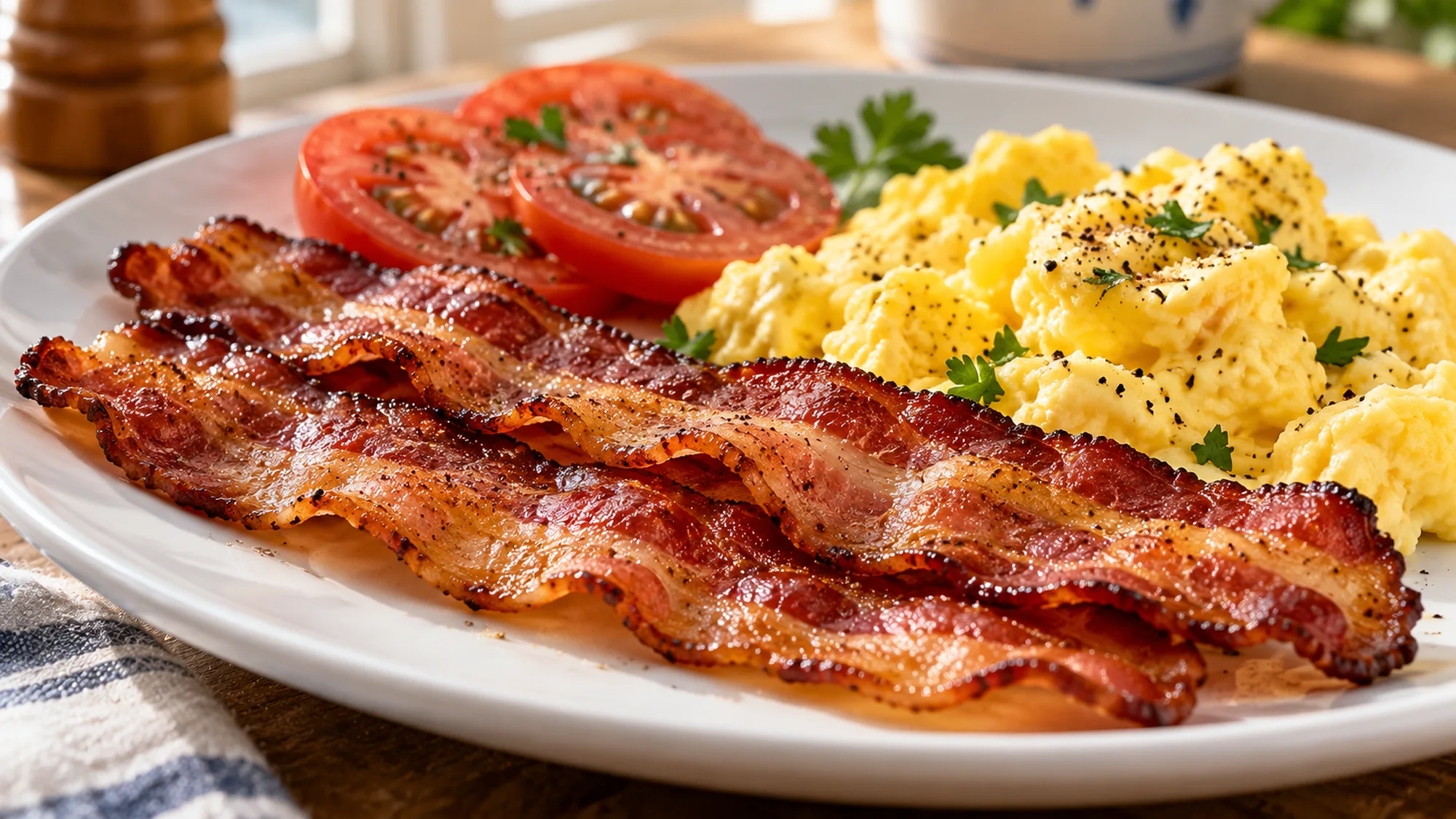 Microwave bacon served with scrambled eggs and tomatoes