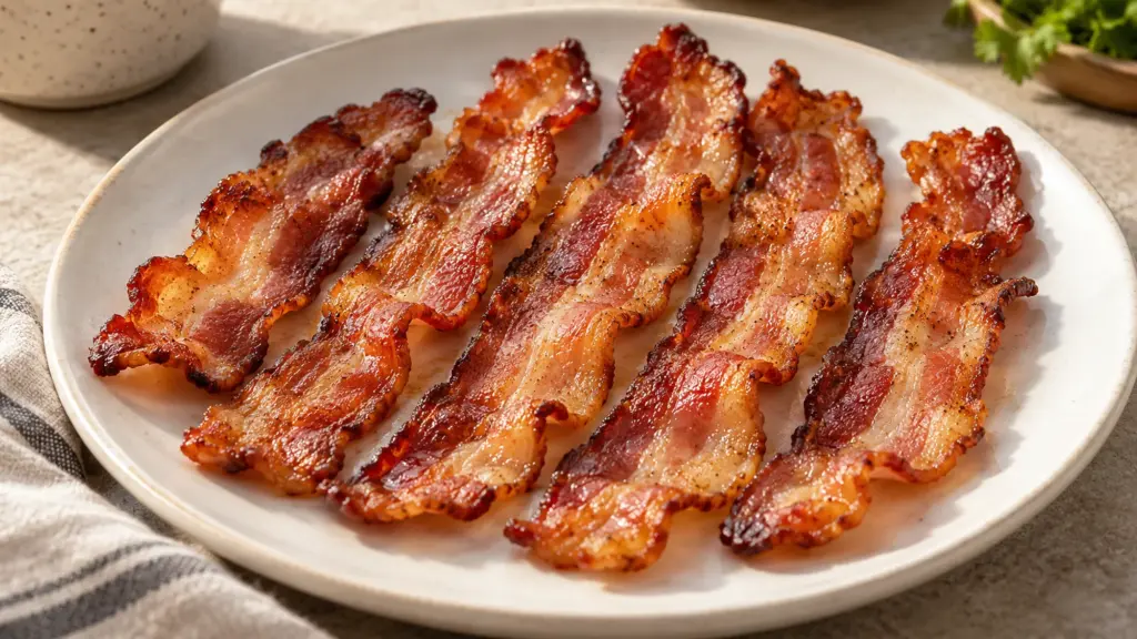 Microwave bacon with golden rippled edges on a white plate