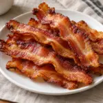 Crisp microwave bacon strips piled on a small plate
