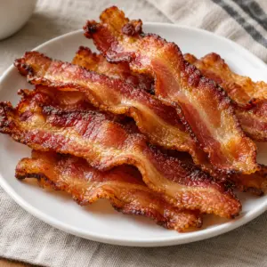 Crisp microwave bacon strips piled on a small plate