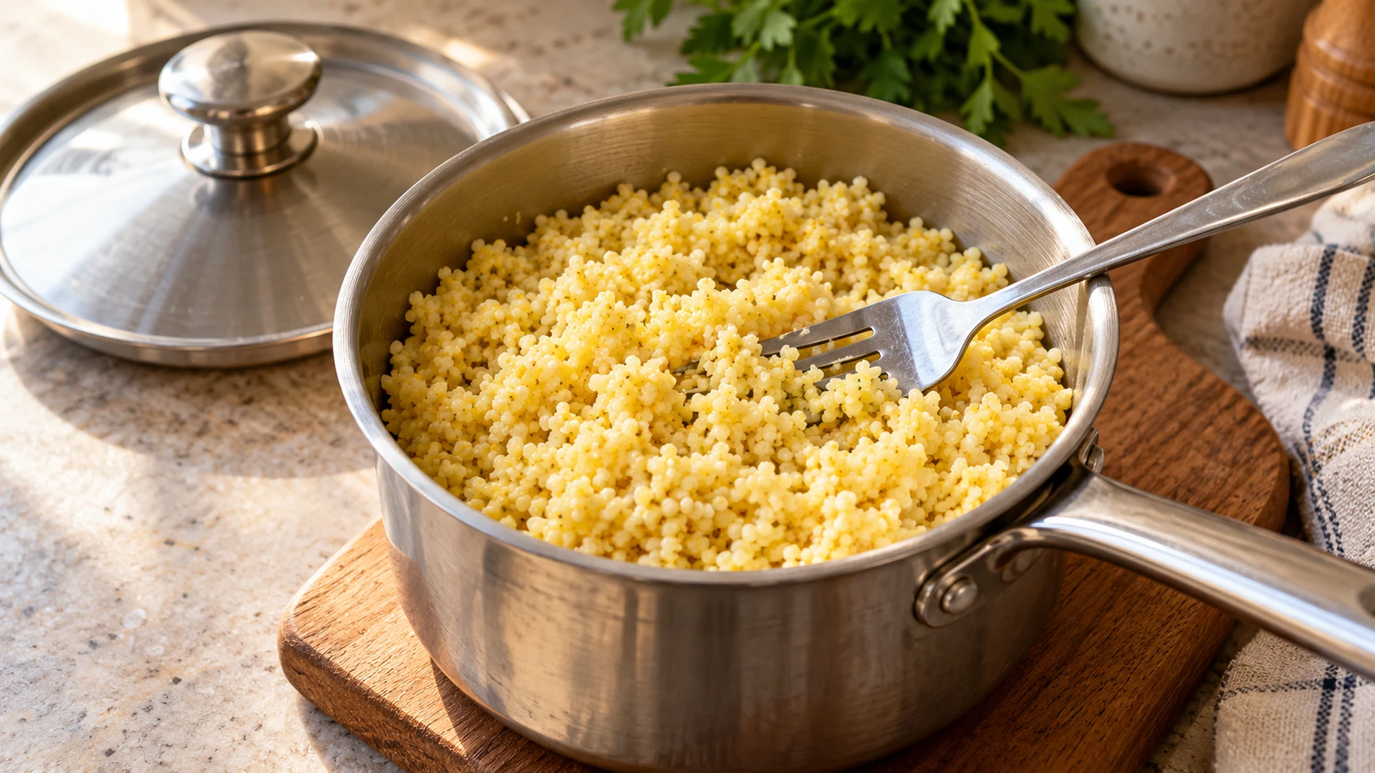 Cooked millet in a saucepan with a fork