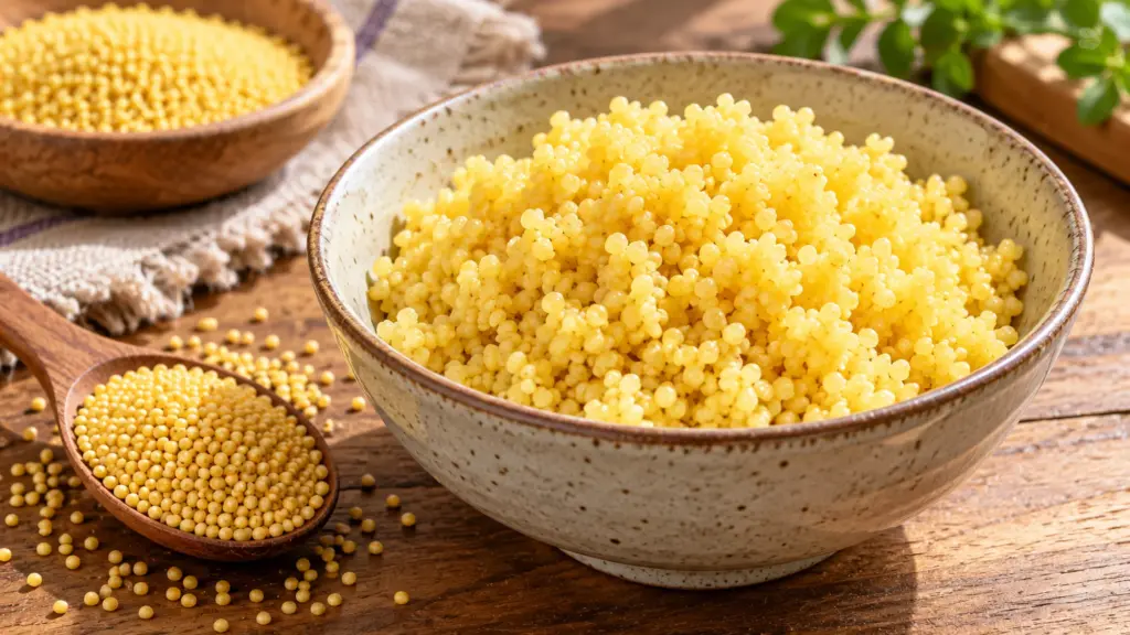 Fluffy cooked millet with dry millet grains nearby