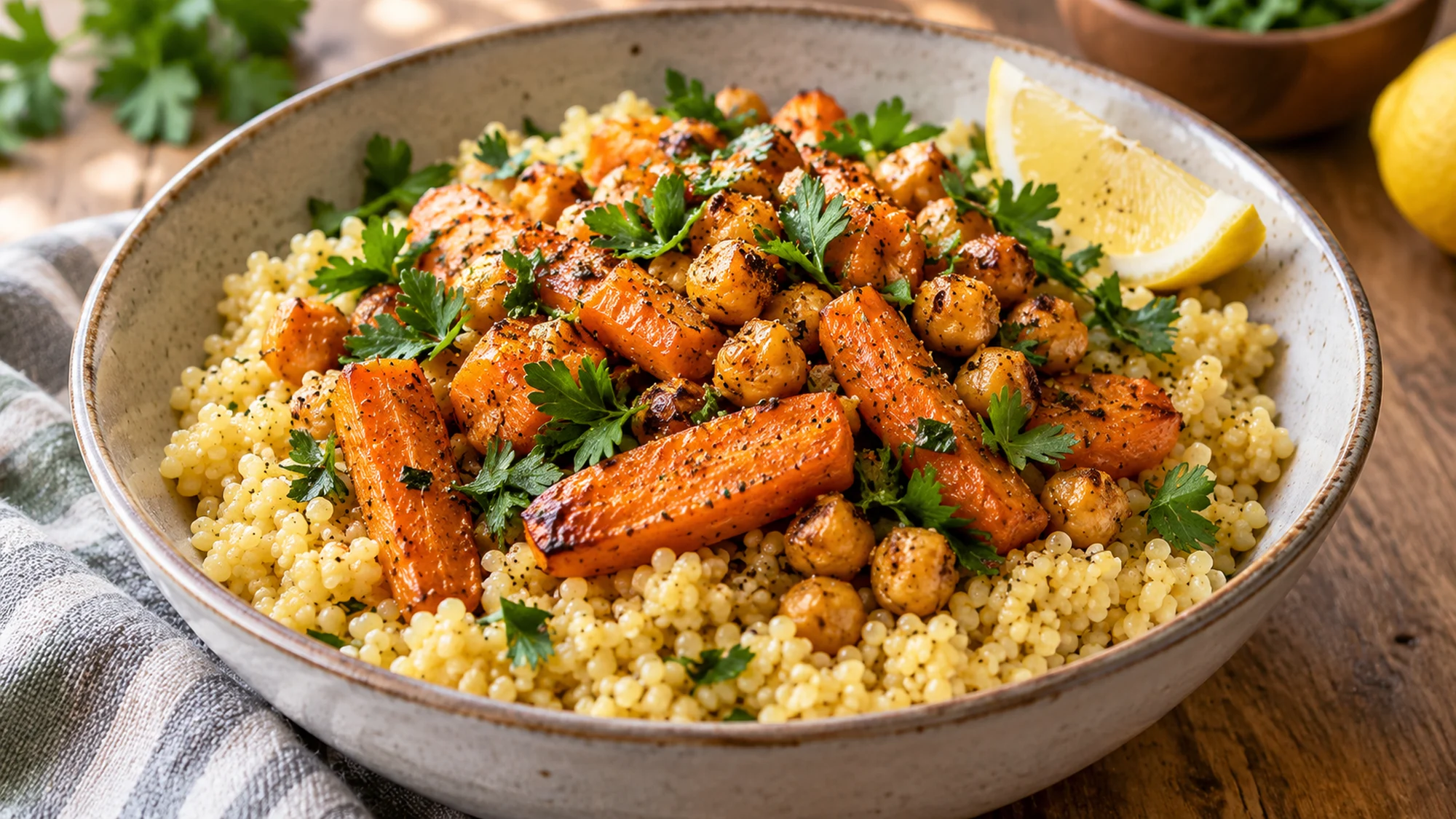 Millet bowl with roasted carrots, chickpeas and parsley