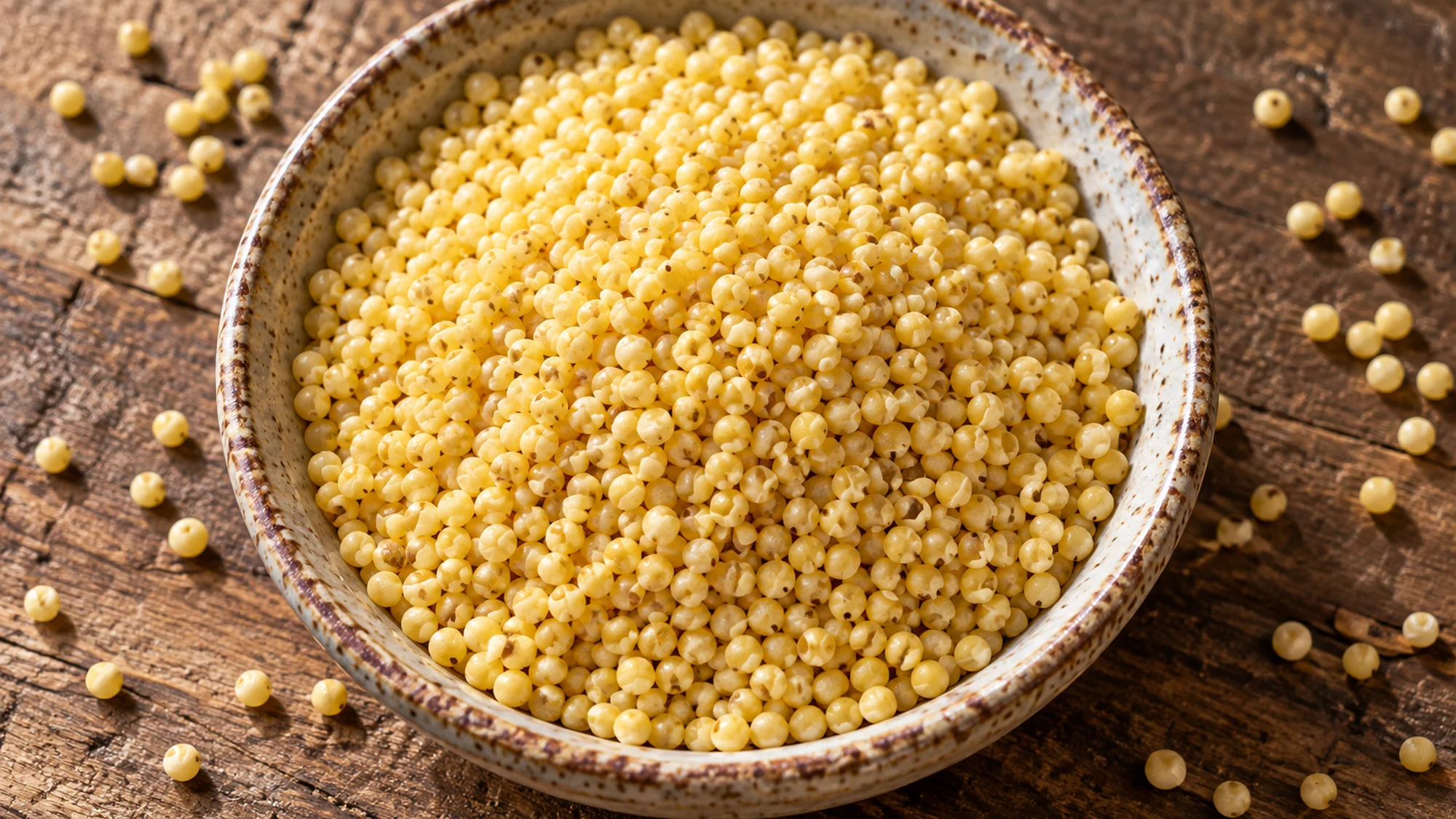 Small yellow hulled millet grains in a shallow bowl