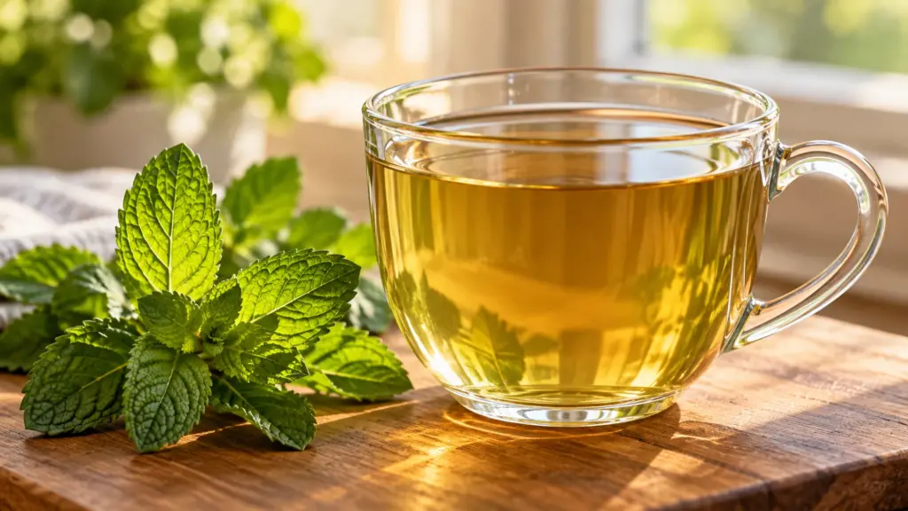 Mint tea in a clear glass cup beside fresh green leaves