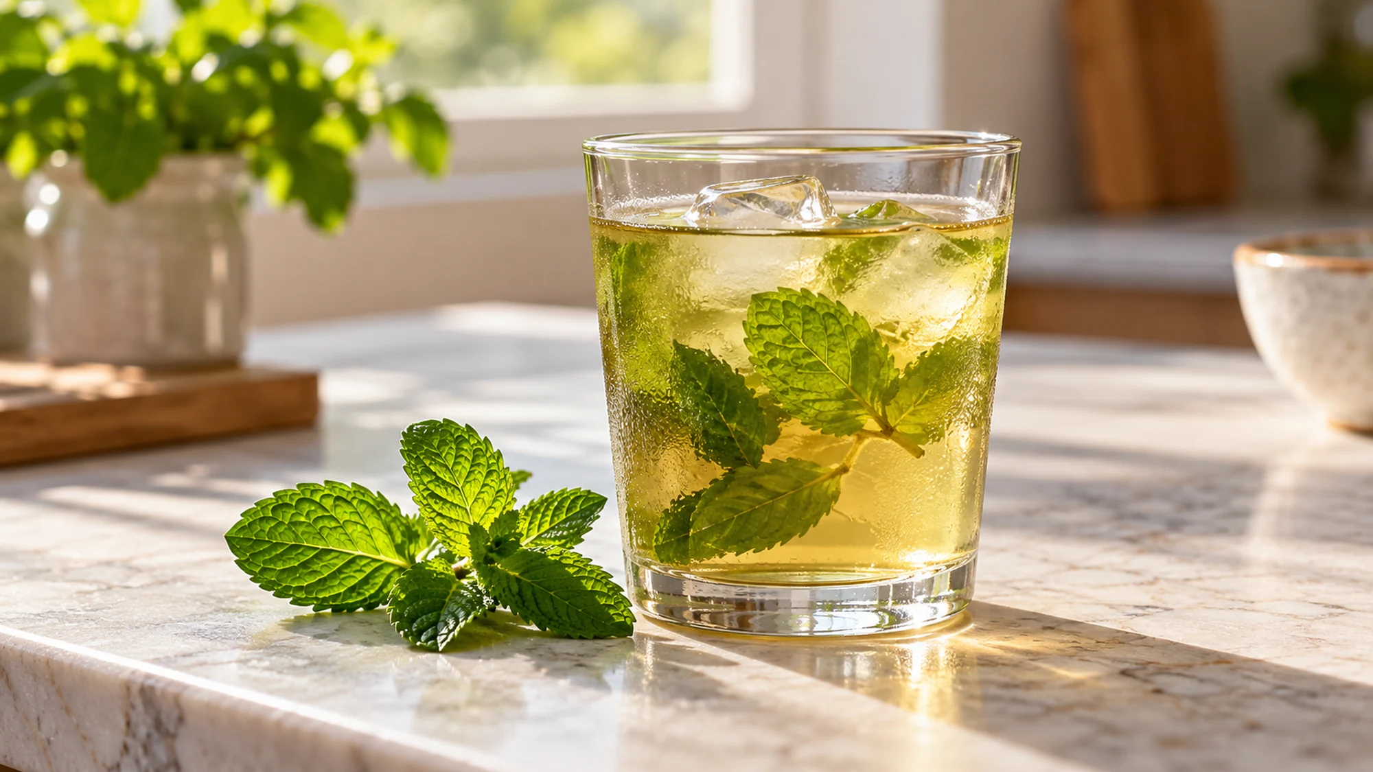 Iced mint tea with a fresh sprig in a clear glass