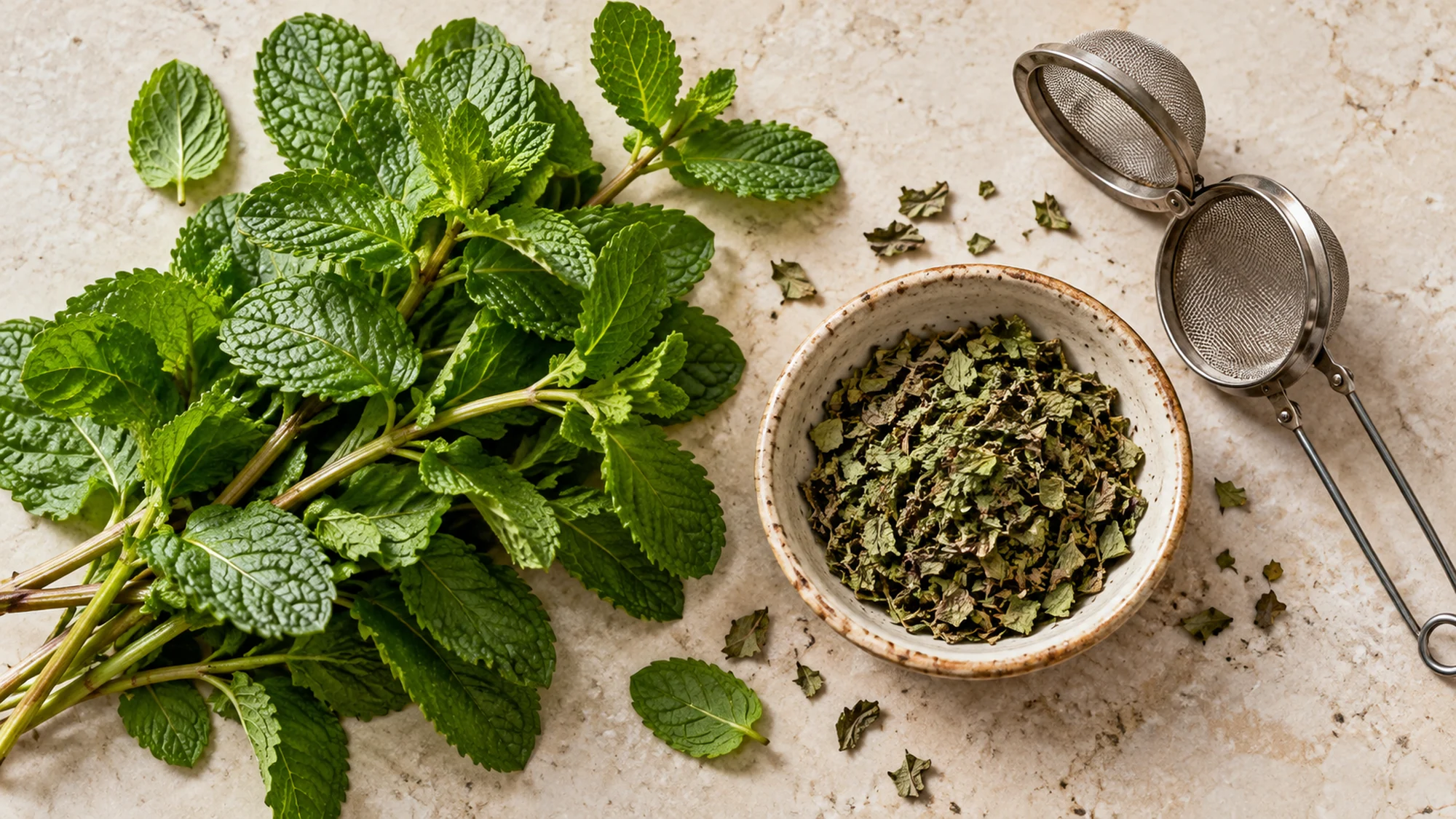 Fresh and dried leaves for mint tea beside a mesh infuser