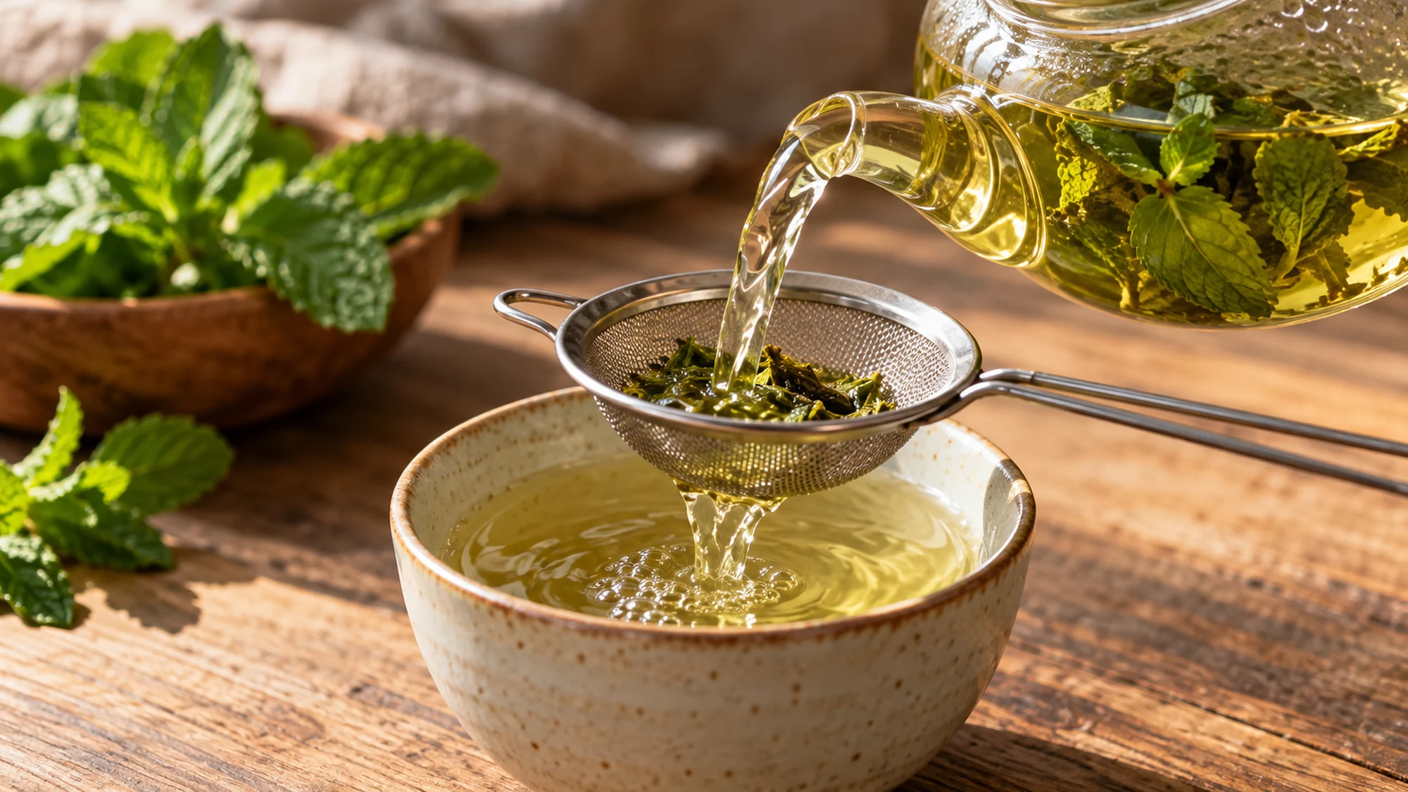 Mint tea poured through a strainer into a ceramic cup