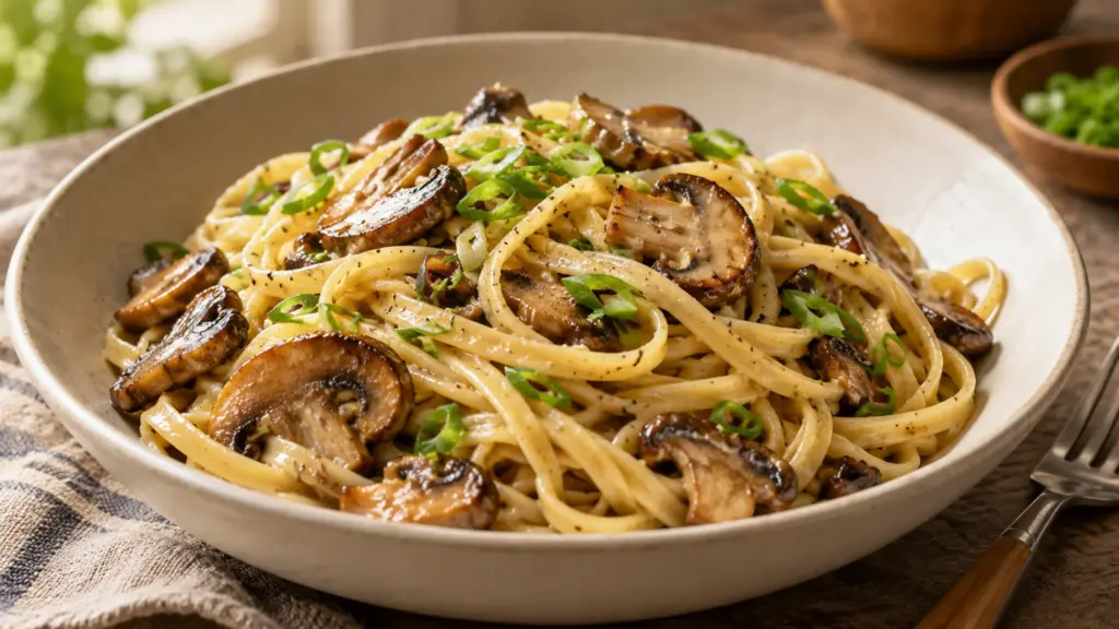 Miso mushroom pasta with browned cremini mushrooms and scallions