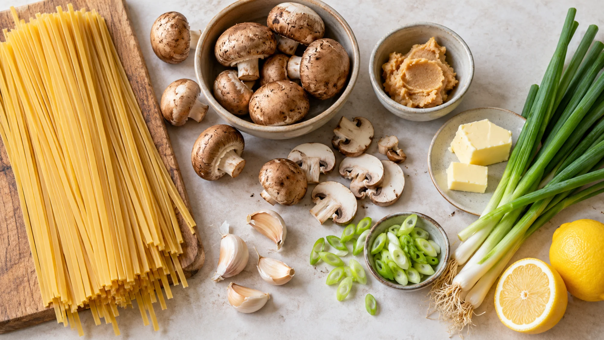 Linguine, mushrooms, white miso, butter and aromatics for miso mushroom pasta