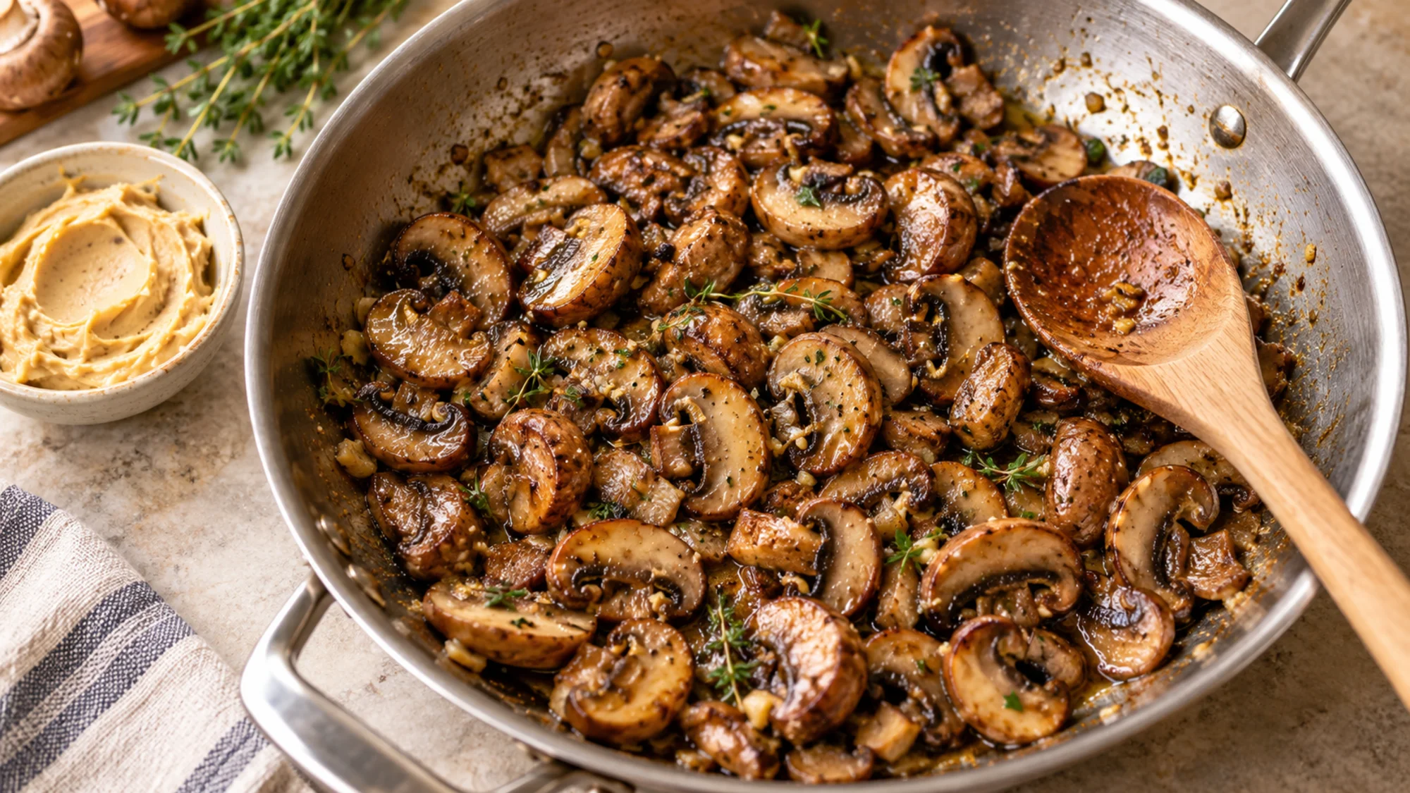 Browned sliced mushrooms in a skillet beside miso butter