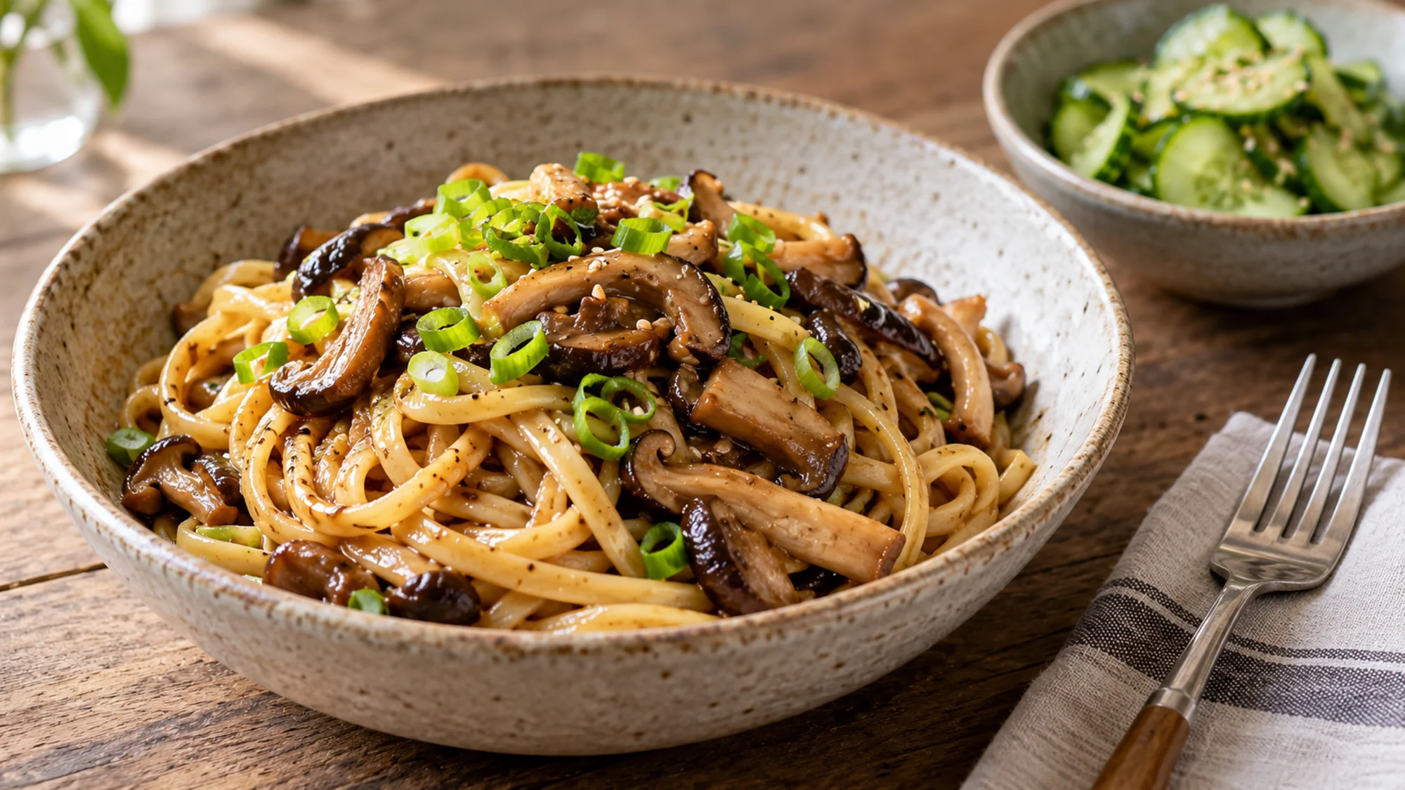 Miso mushroom pasta served with a crisp cucumber side salad