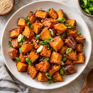 Miso roasted sweet potatoes topped with scallions and sesame