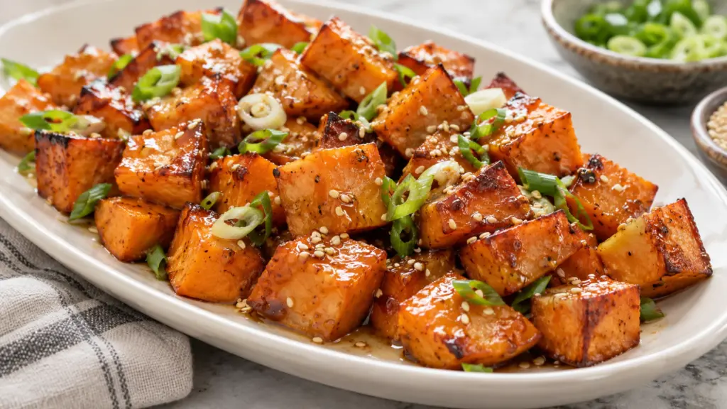 Miso roasted sweet potatoes with golden edges and sesame seeds