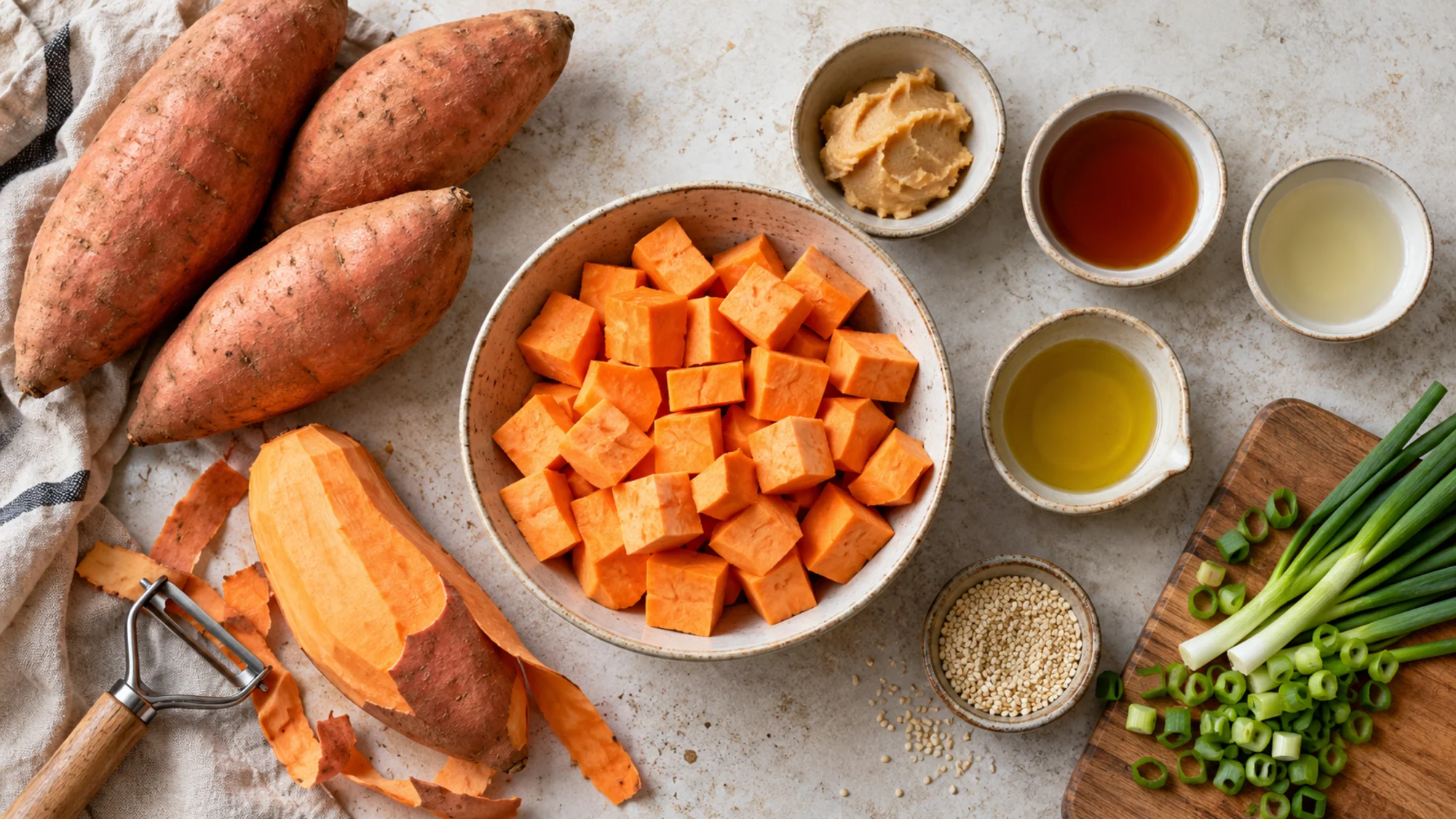 Sweet potato cubes and white miso glaze ingredients