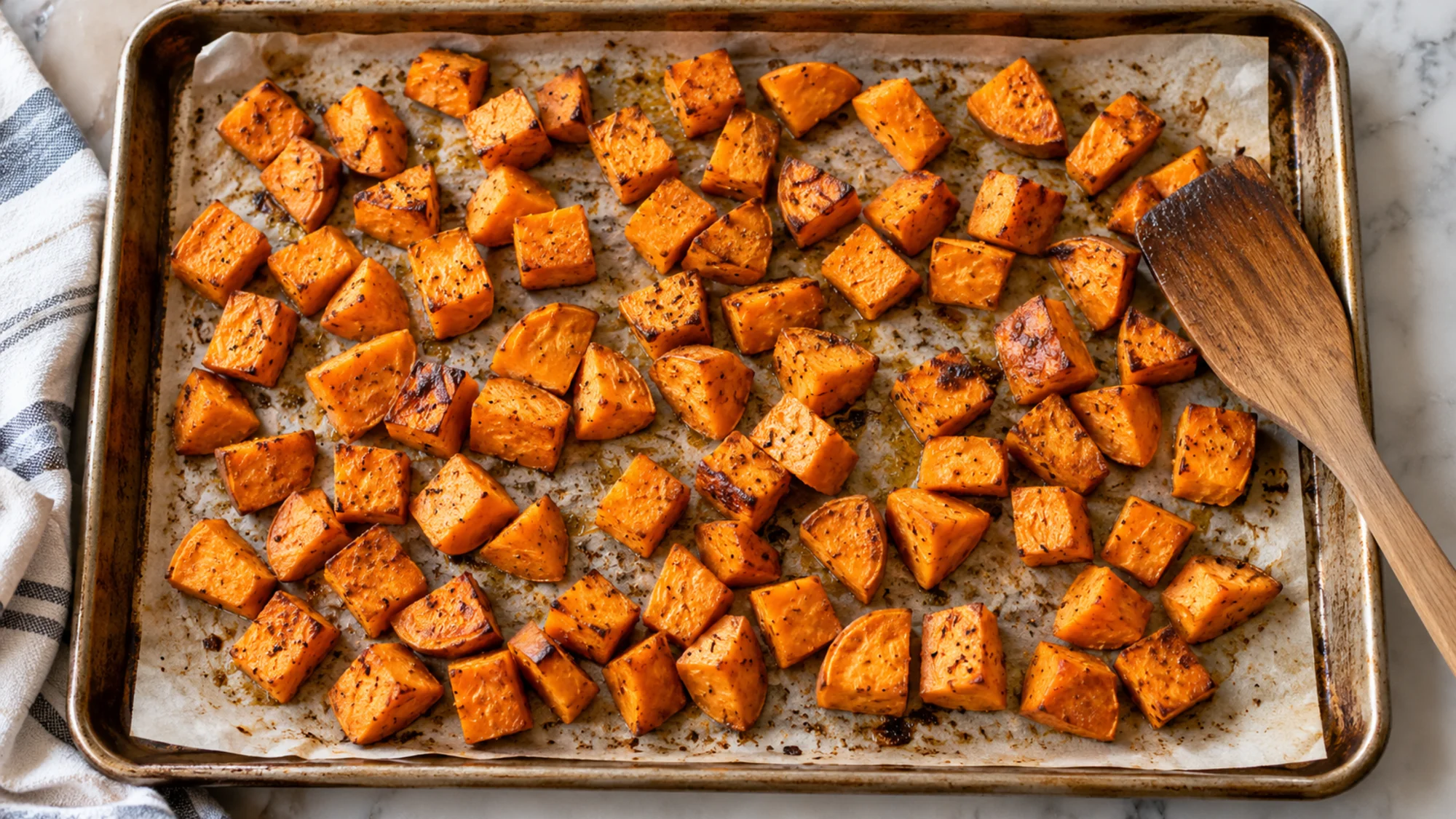 Roasted sweet potato cubes spread across a parchment-lined baking sheet