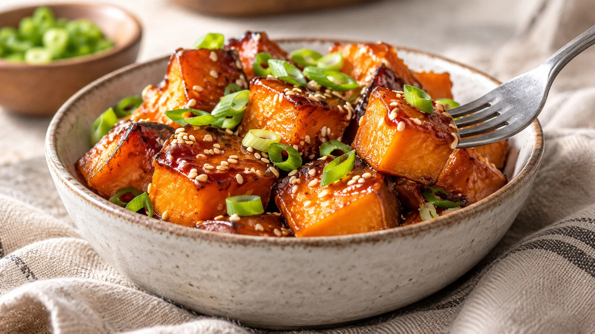Tender miso roasted sweet potato cube on a fork