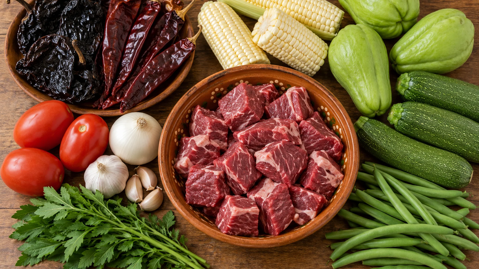 Beef, dried chiles, corn, chayote and green beans for mole de olla
