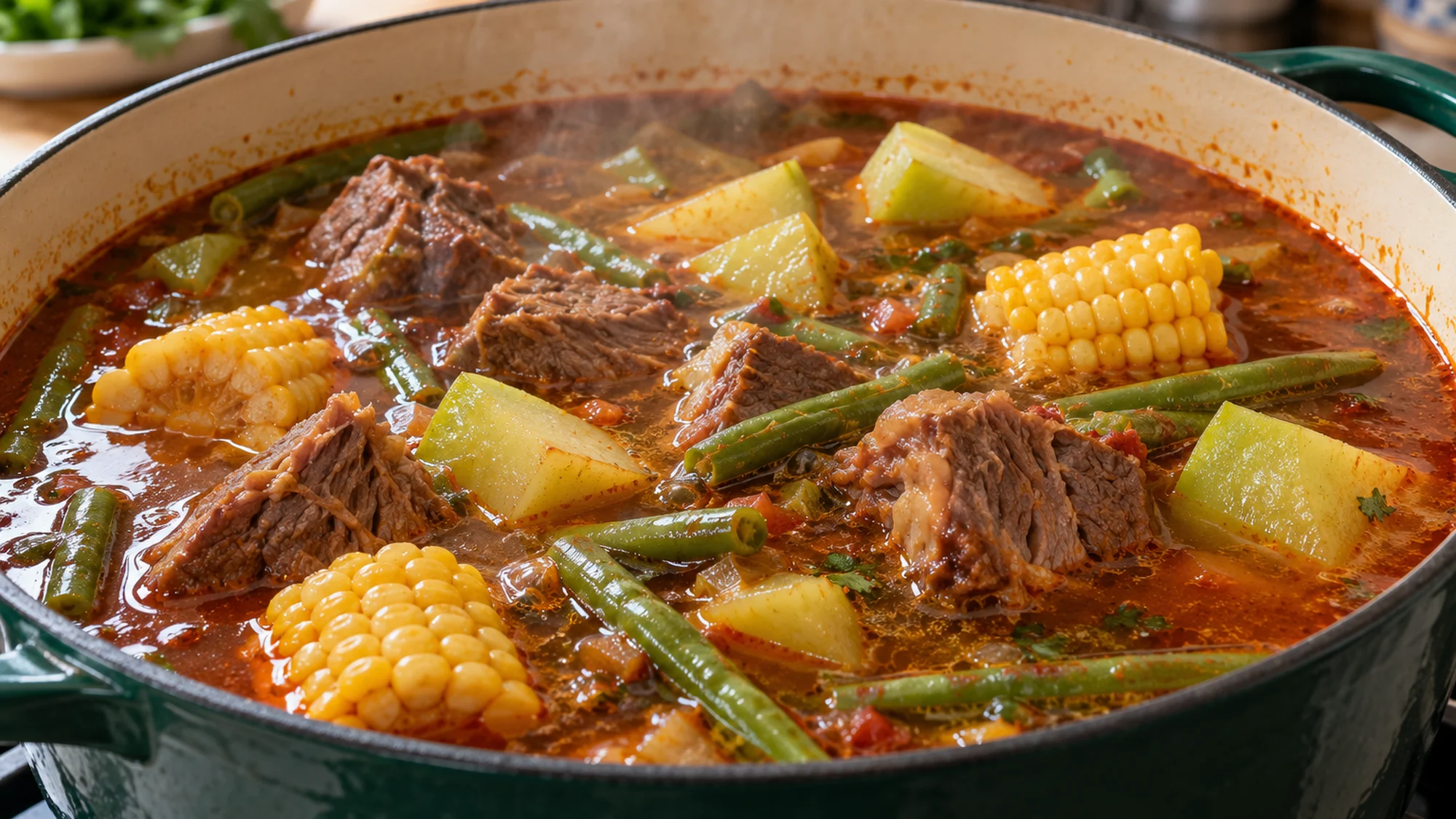 Mole de olla simmering in a pot with beef and vegetables