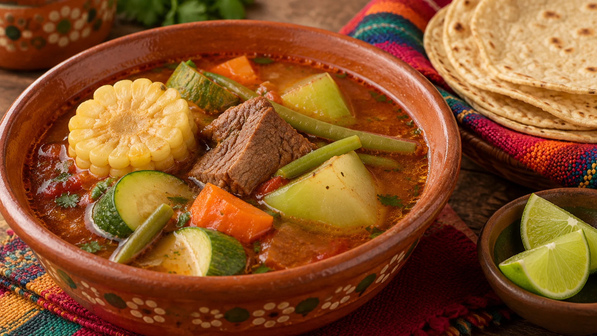 Mole de olla served with lime and corn tortillas