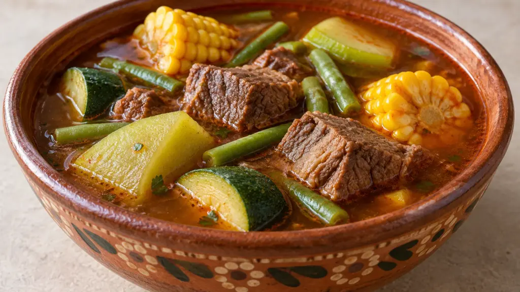 Mole de olla with beef, corn and green vegetables in red chile broth