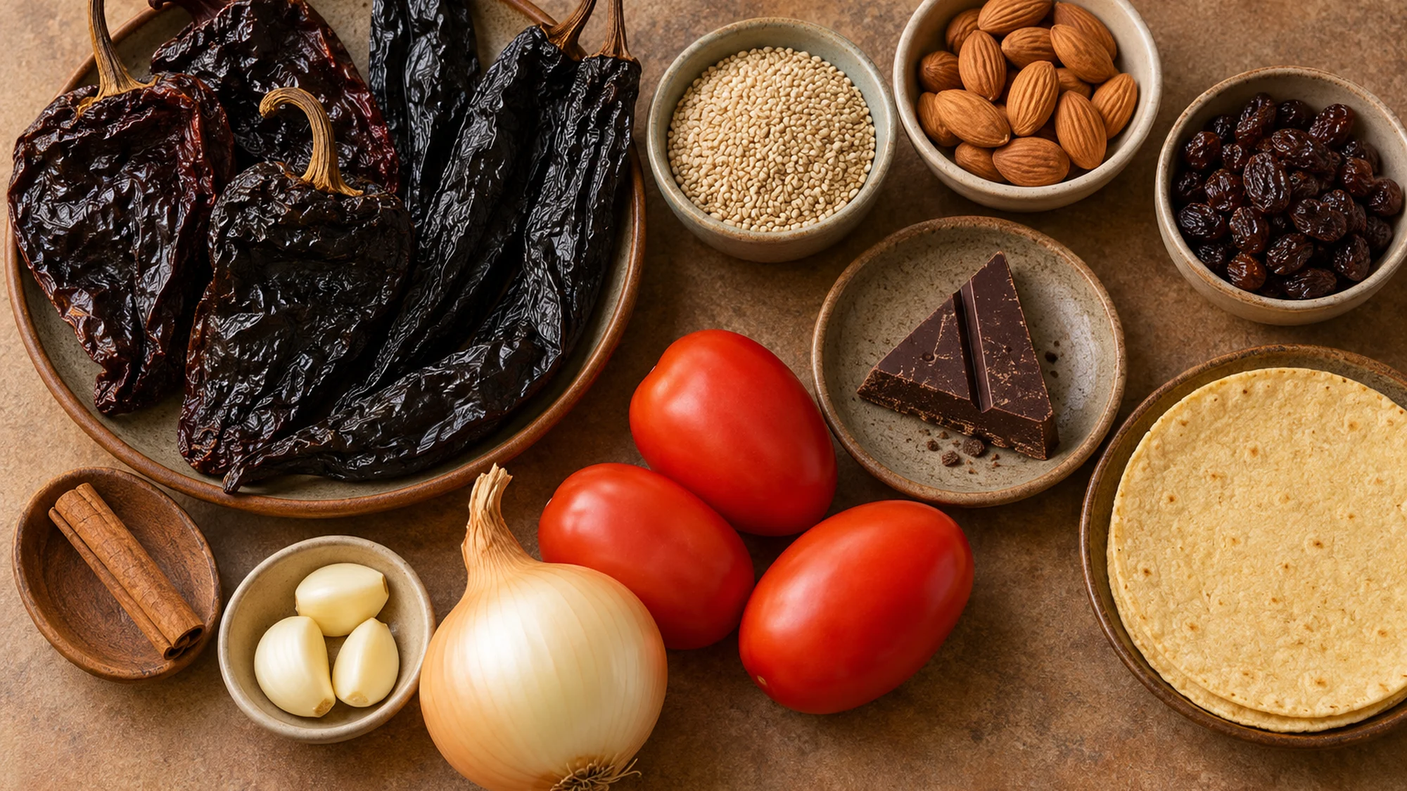 Dried chiles, sesame seeds, almonds and chocolate for mole poblano
