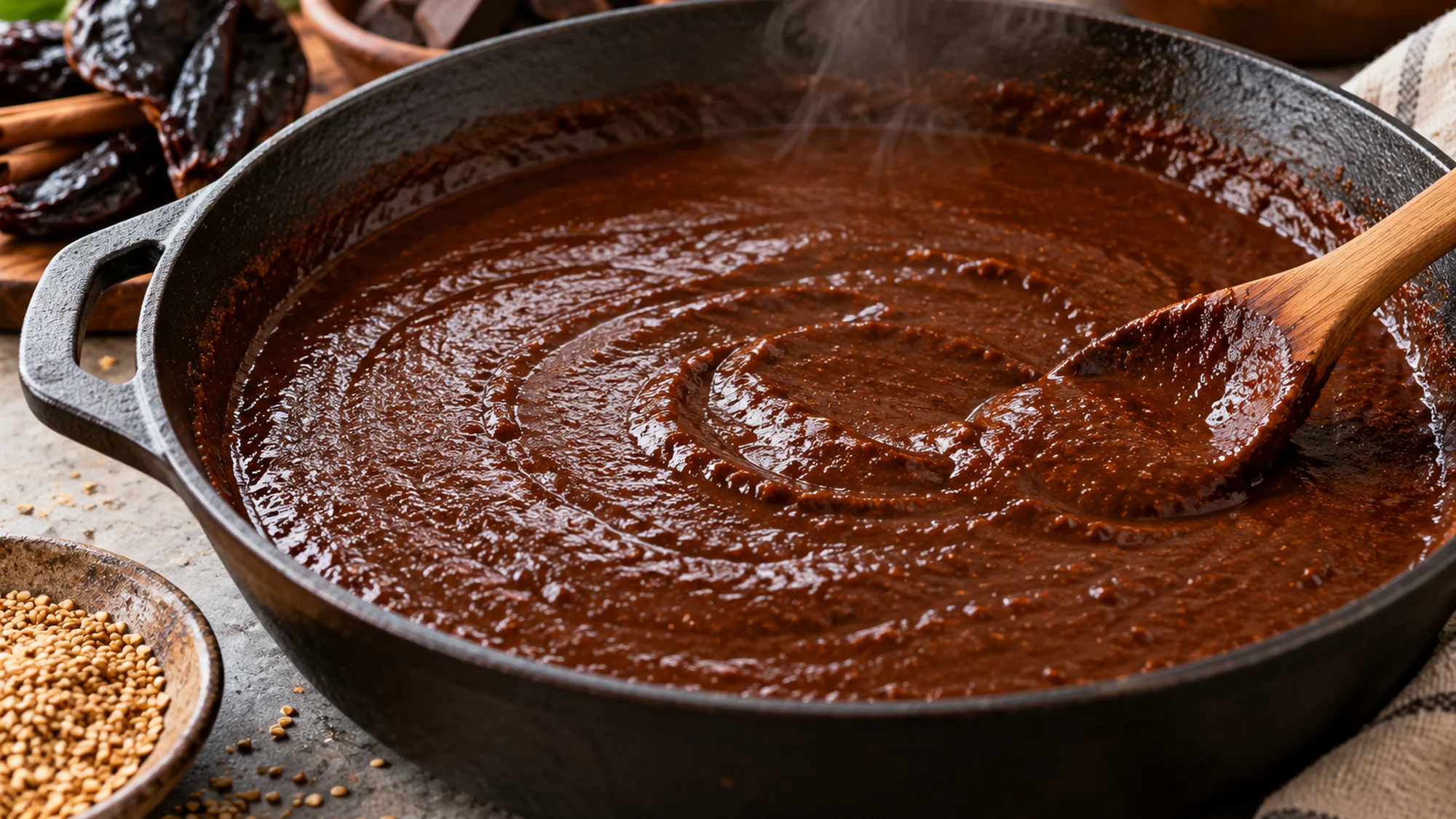 Smooth mole poblano sauce simmering in a skillet