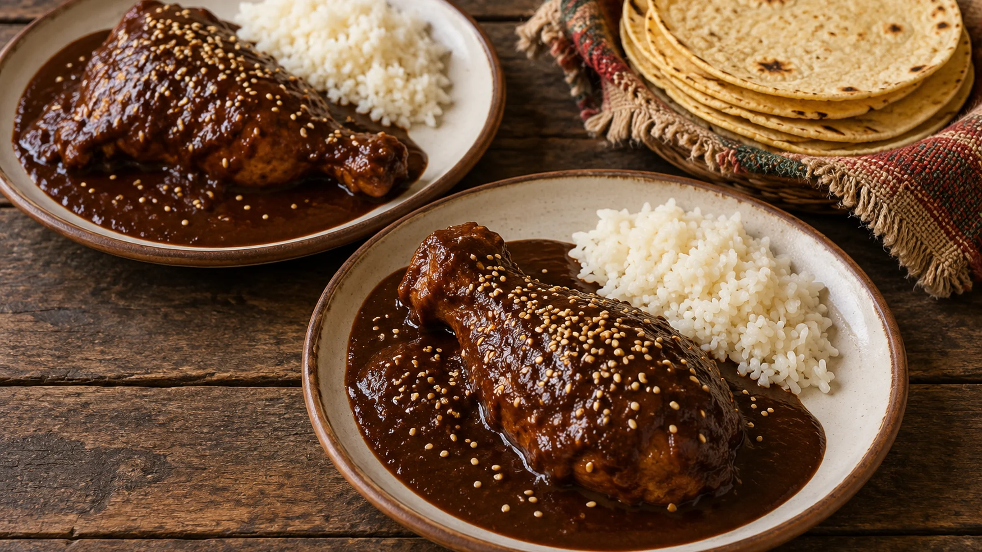 Two plates of chicken mole poblano with rice and tortillas