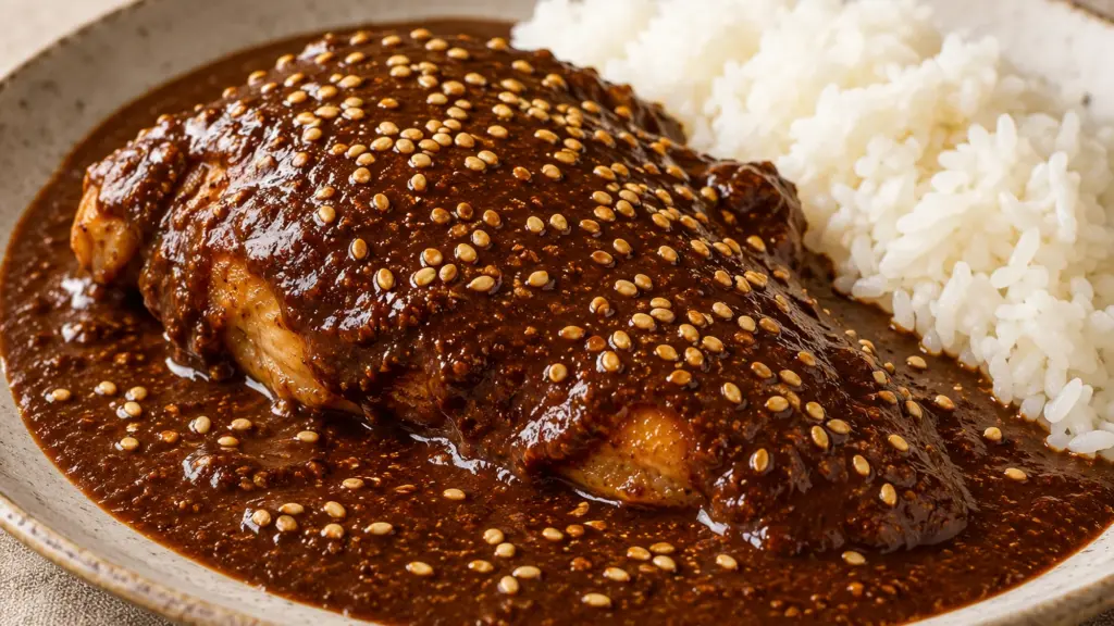 Chicken coated in mole poblano with sesame seeds and white rice
