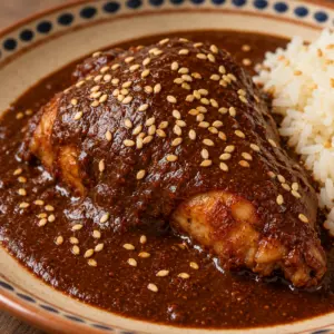 Chicken in rich mole poblano sauce with sesame garnish