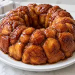 Whole cinnamon monkey bread ring on a white platter