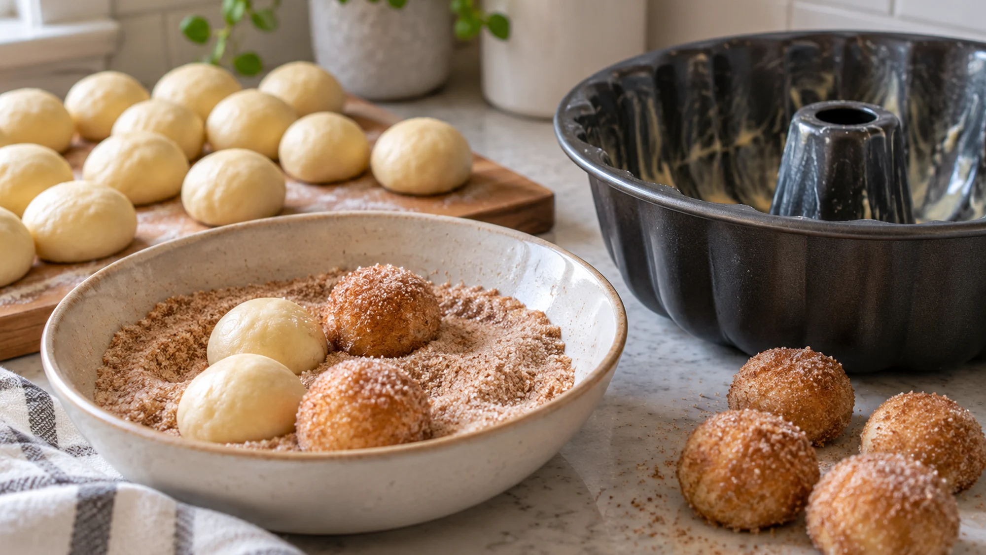 Dough balls being coated in cinnamon sugar for monkey bread recipe
