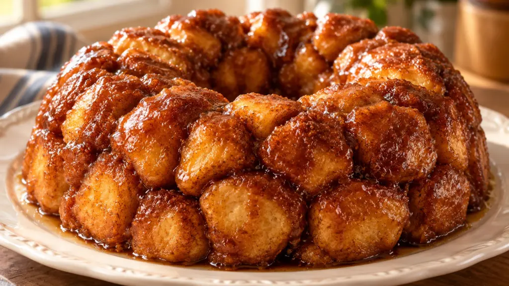 Monkey bread recipe with a glossy cinnamon sugar crust