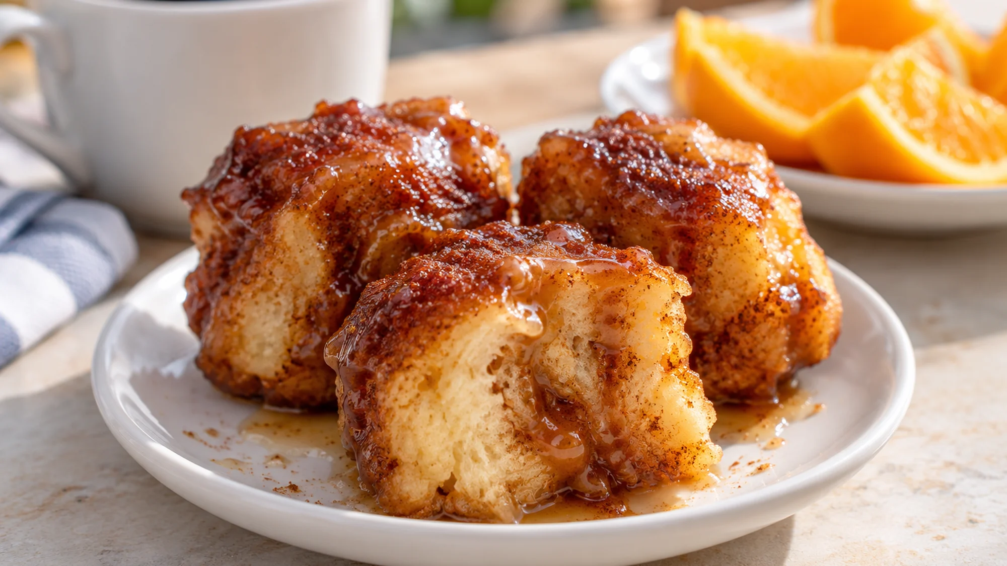 Warm monkey bread pieces served with coffee and orange