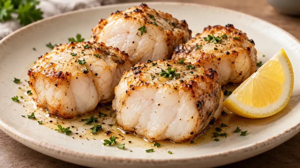 Dense white monkfish medallions with golden seared edges and a lemon wedge