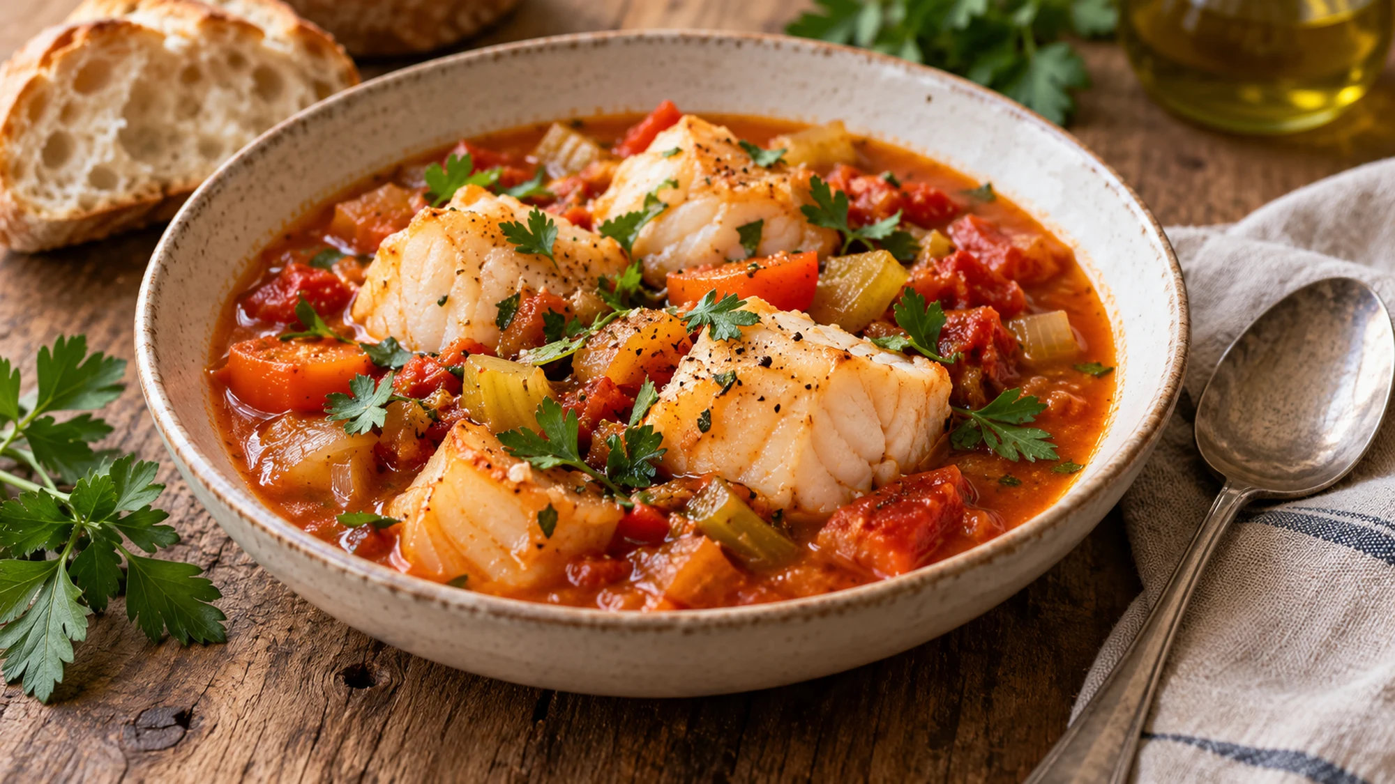 Thick opaque monkfish pieces in a tomato and vegetable stew