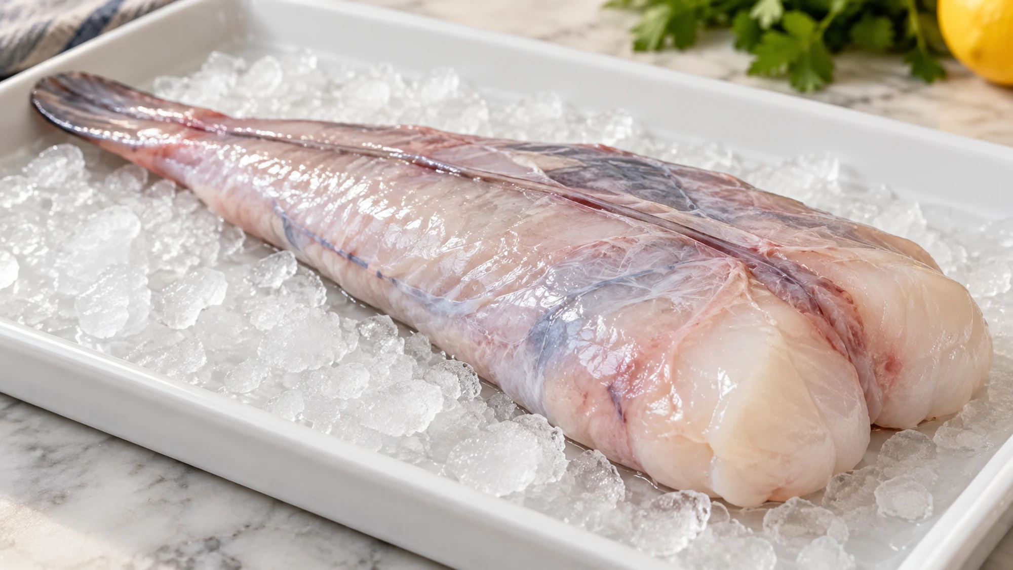 Raw monkfish tail on ice with blue-gray outer membrane visible